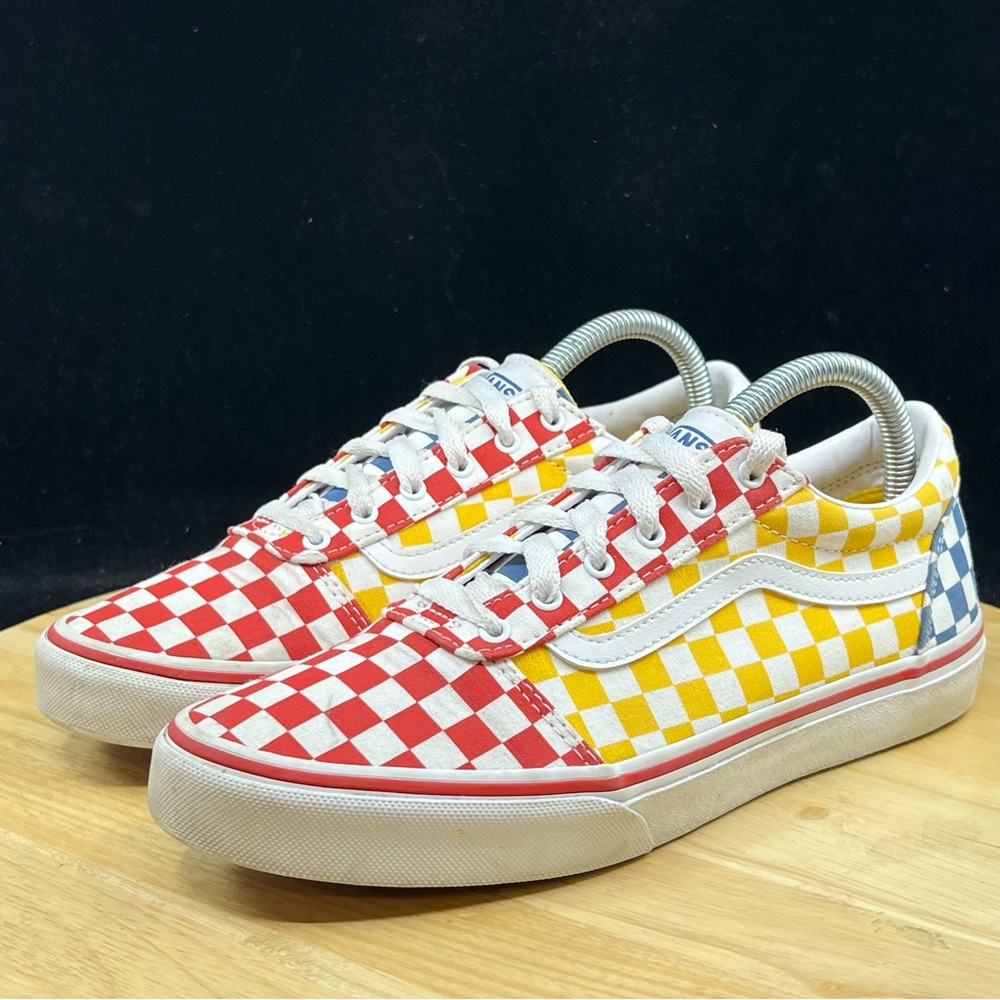 Vans Old Skool Red/ Blue/ Yellow Checkerboard Sz 6Y/Women’s Size 7.5 Skate Shoes - Picture 2 of 10